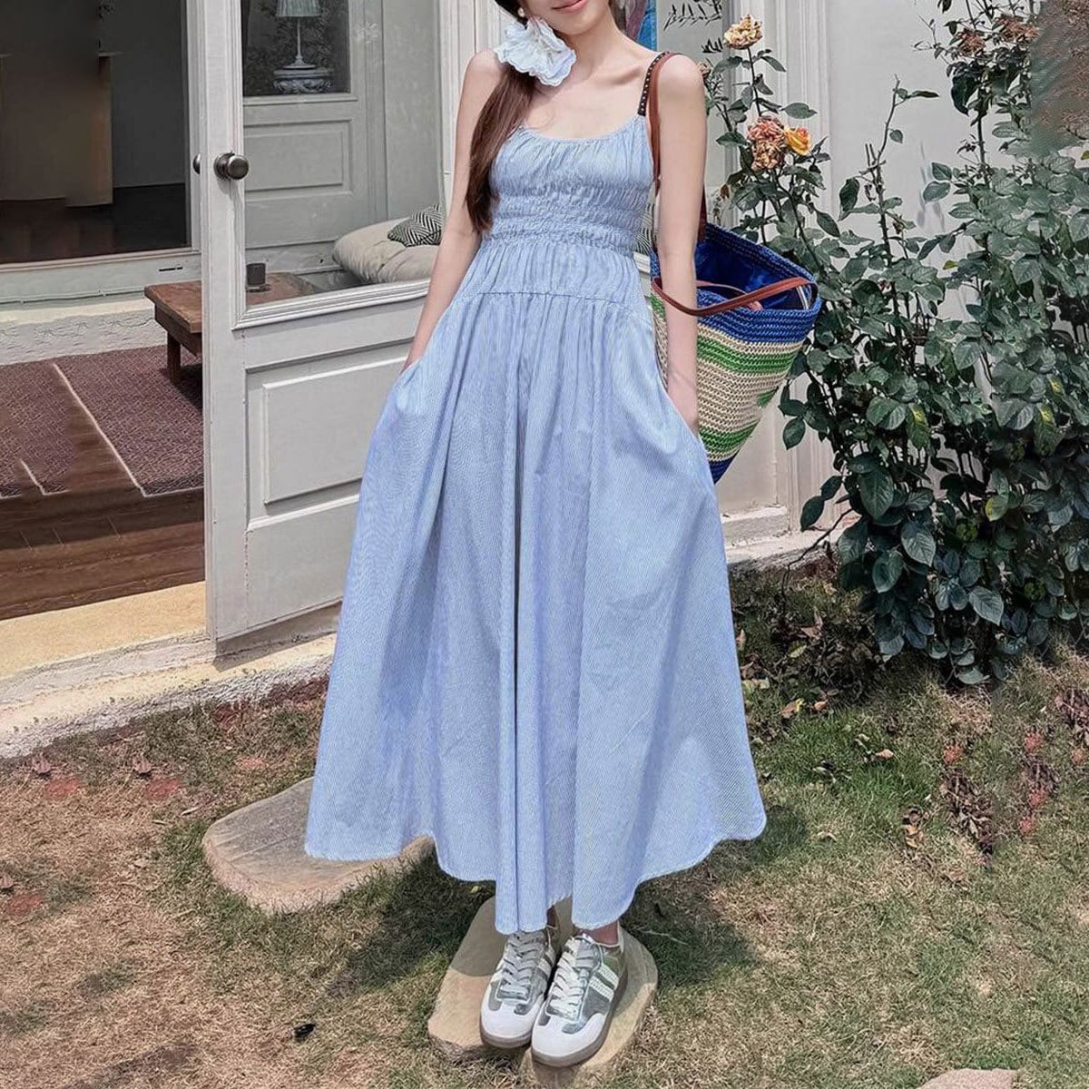 キャミワンピース レディース 春 夏 韓国 大人 かわいい きれいめ ストライプ リゾート Aライン ノースリーブ 涼しい 体型カバー 大人可愛い 大人女子