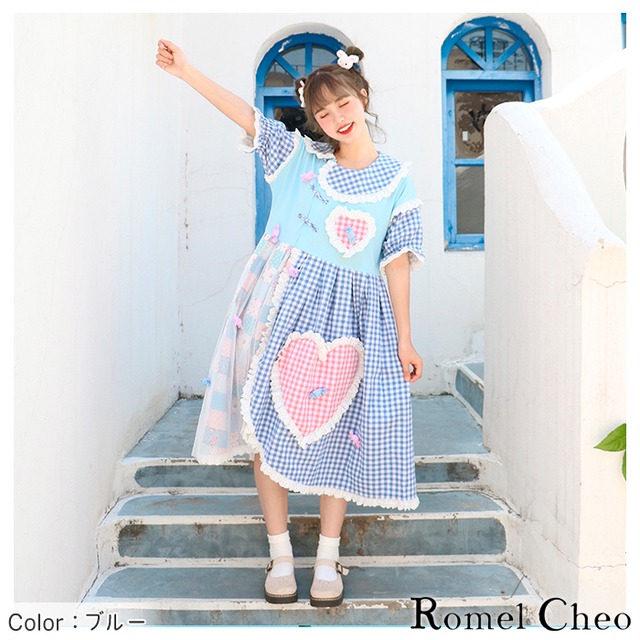 お支払い確認後日以内発送 Romelcheo 原宿系 パッチワーク リメイク風 ワンピース 半袖 チェック ハート キャンディー チャイナボタン Aライン 飴玉 切替 古着風 ゆったり レトロ 森ガール ゆめかわ かわいい 個性的 青文字系 ロリータ ガーリー カントリー