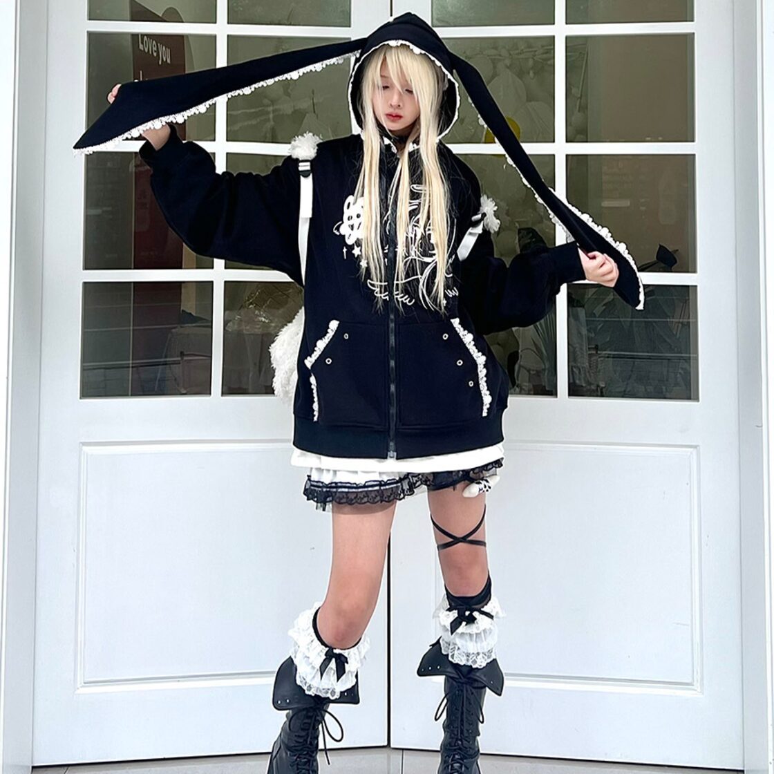 アウター ZIPアップ パーカー フード付き うさぎ耳 ウサミミ レース 闇 