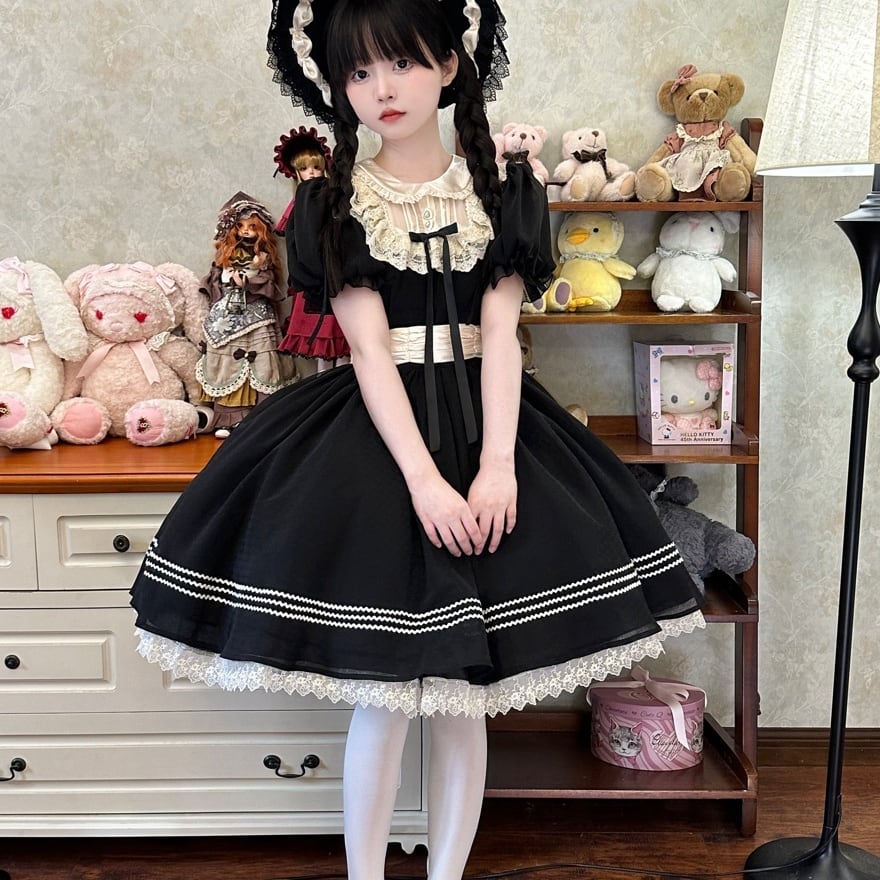 ⭐️三連休価格⭐️ゴスロリ黒レースビュスチワンピース極美品⭐️ ゴスロリワンピース｜レース襟×付け袖 ブラック×アイボリー お茶会向け