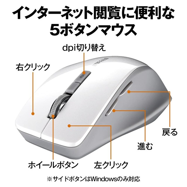 【数量限定】バッファロー マウス 無線 ワイヤレス 静音 5ボタン 【戻る/進むボタン搭載】dpi切替 BlueLED ホワイト BSMBW325WH