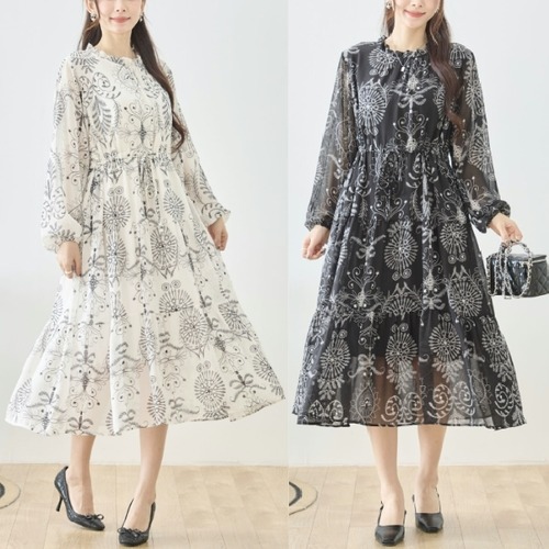 TRUBE エスニック調 プリントロングワンピース N82-454 fmsd アイボリー ブラック レディース 長袖 デイリーファッション 大人フェミニン 大人可愛い 普段着 ミセス おしゃれ着 30代 40代 50代 60代