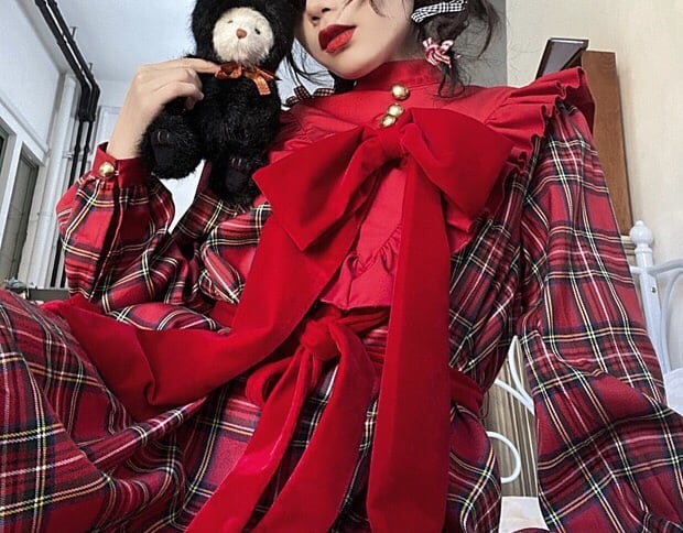 赤 リボンたくさん ワンピース チェック ロンドン リボン 襟 ガーリー