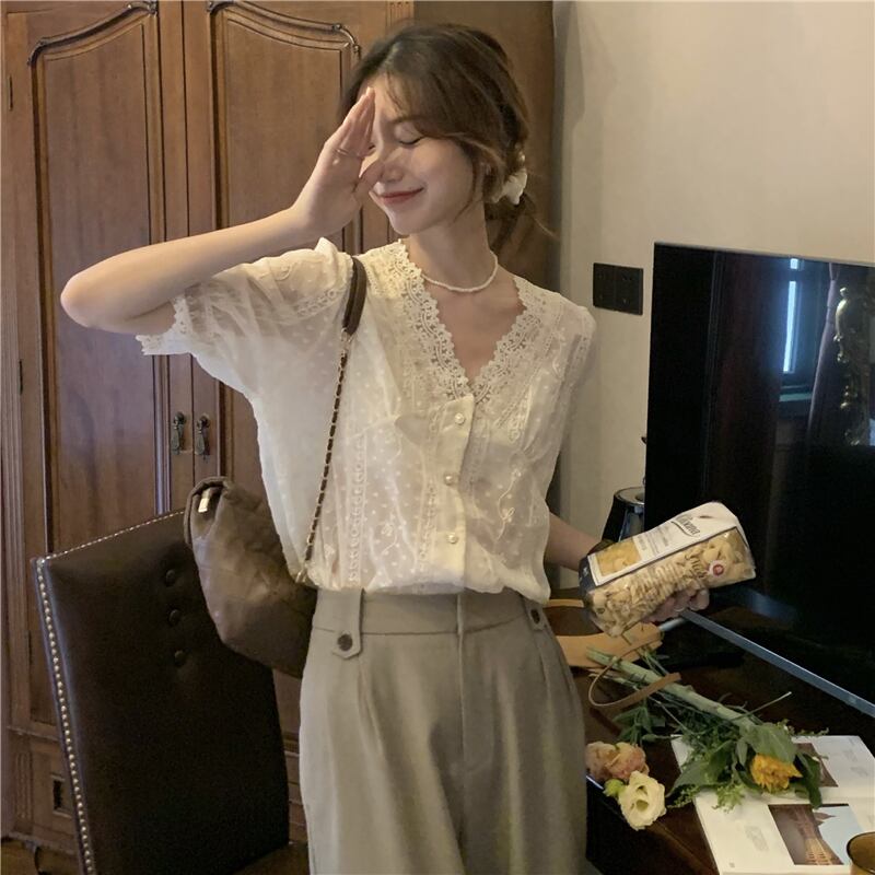 Vネックシャツ レディースサマールーズレースシフォントップス 夏物 ステッチ YY-ファッション24856418189