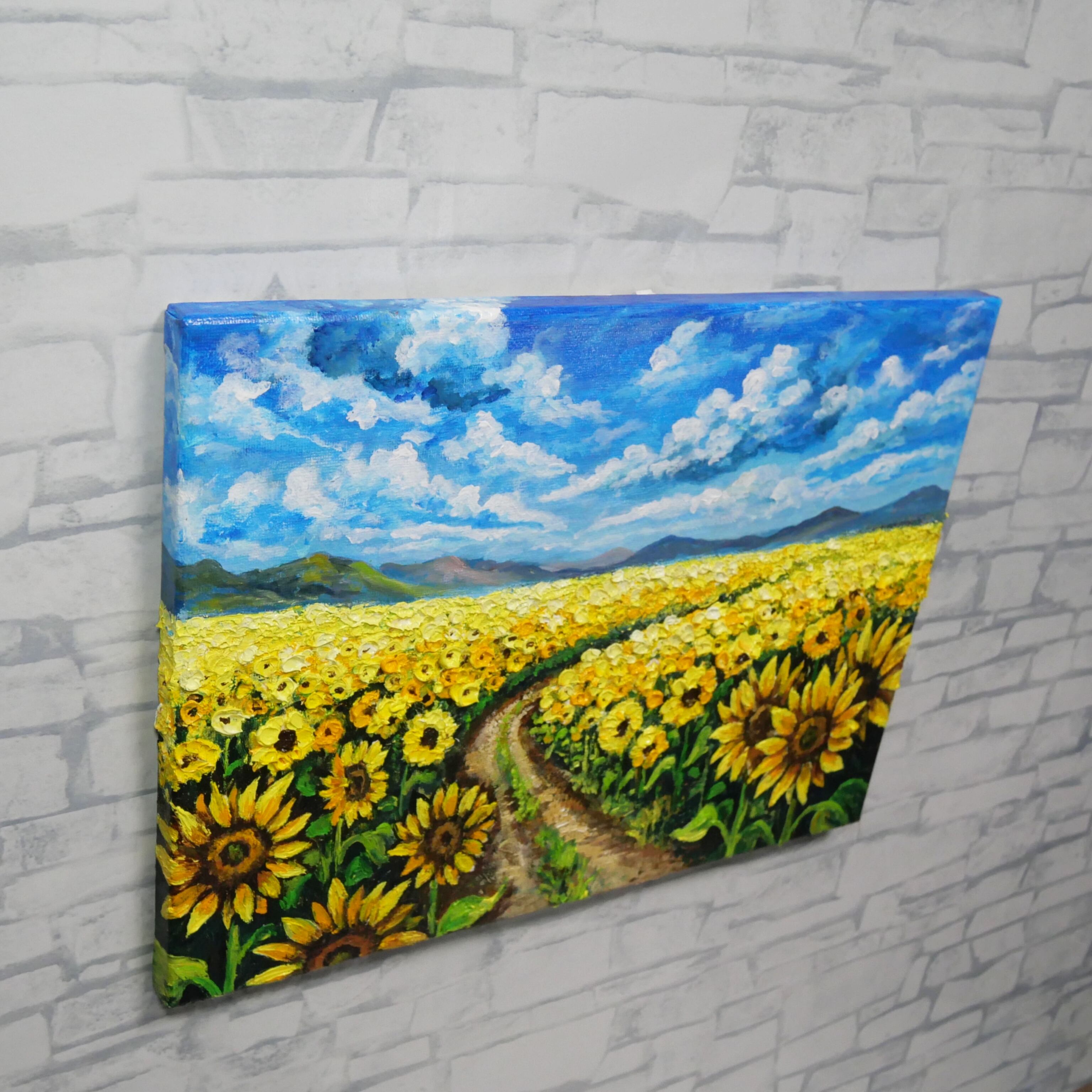 h*a様 【向日葵が続く道】アクリル画 F3 風景画 絵画 ひまわり油絵【明日へ続くひまわり小道】夏の向日葵 鮮やかな風景画