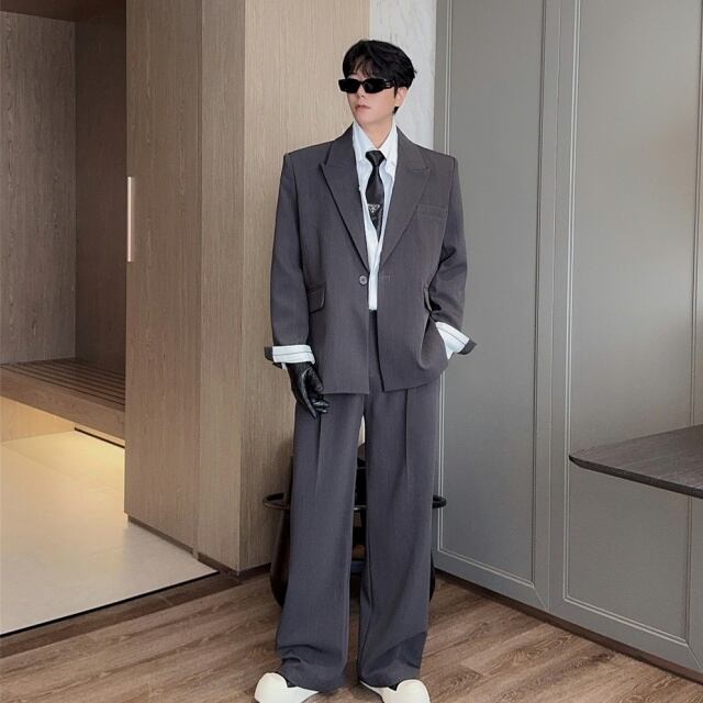 【予約販売】2点セット スーツ メンズ セットアップ シングル 長袖 ジャケット 無地 男前 グレー上下 パーティ お出かけ パーティー 二次会 結婚式 夏 M/L/XL