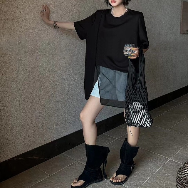 shoulder padded slit t-shirt 10948