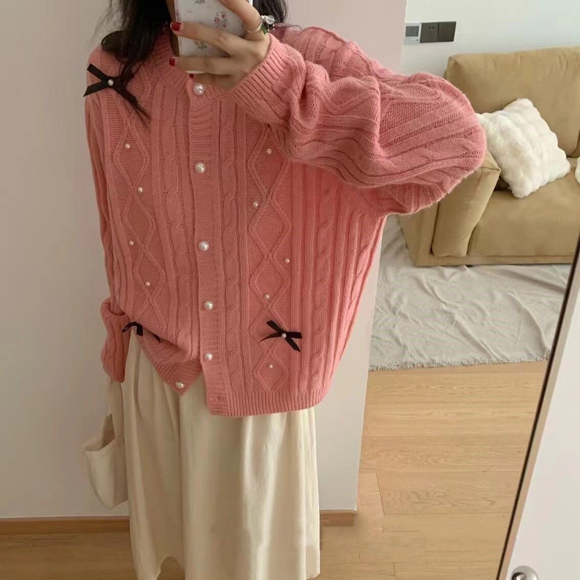 【outer】リボン付きニットカーデ M25677