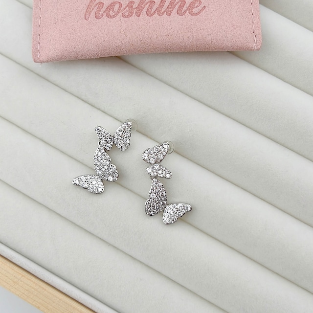 ステンレス製プラチナメッキ × ジルコニア 蝶々モチーフピアス