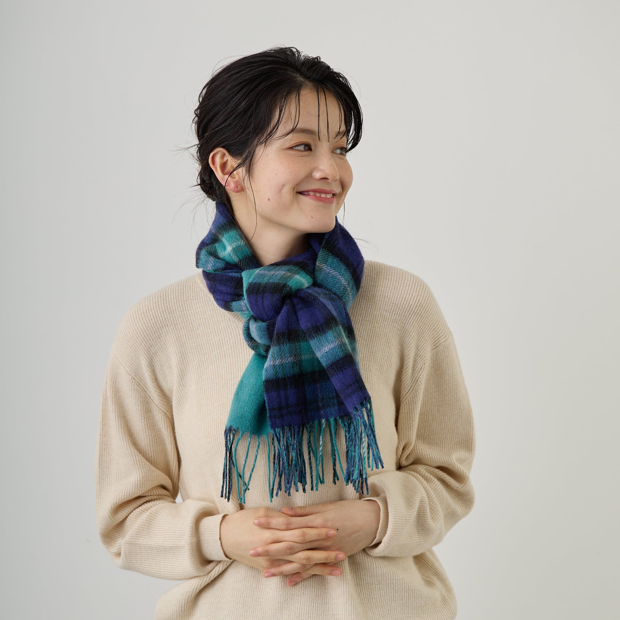 Elensia】カシミヤブレンドチェックマフラー <ブルーグリーン