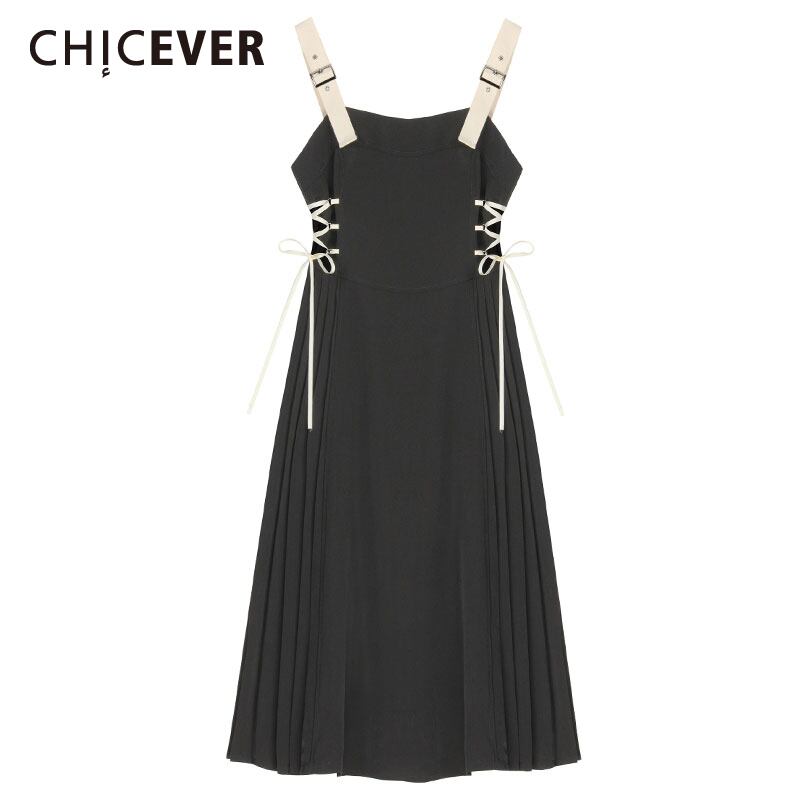 CHICEVERブラックドレスレディーススクエアカラーノースリーブスリングオフシューダーウエストレースアップラインドレス2020服 Aライン スクウェア 6base588659987468