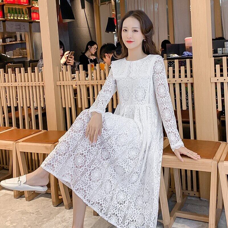 【新作】【送料無料】 妊娠中のスカート2020気質年齢を減らすレースレースパッチワーク大きいサイズのドレス中空の人形の襟マタニティスカート 大きめサイズ AL expec395760113328