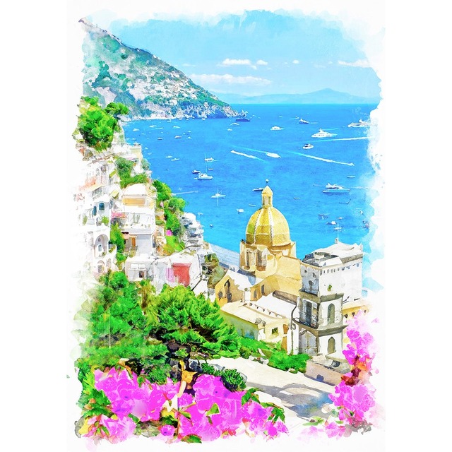 絵画(風景画) イタリア アマルフィ海岸 インテリアアート額付き 水彩画・油絵風 WAT0818