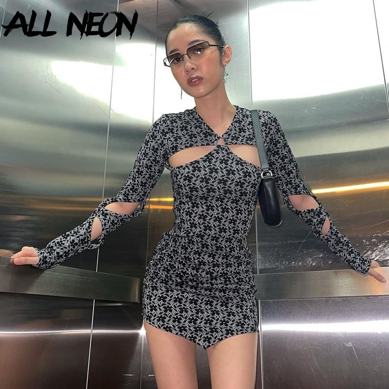 人気!【 】クレープ ボウネック ボディコン ドレス 送料無料 ALLNeonE-フローラルプリントブラックカットアウト