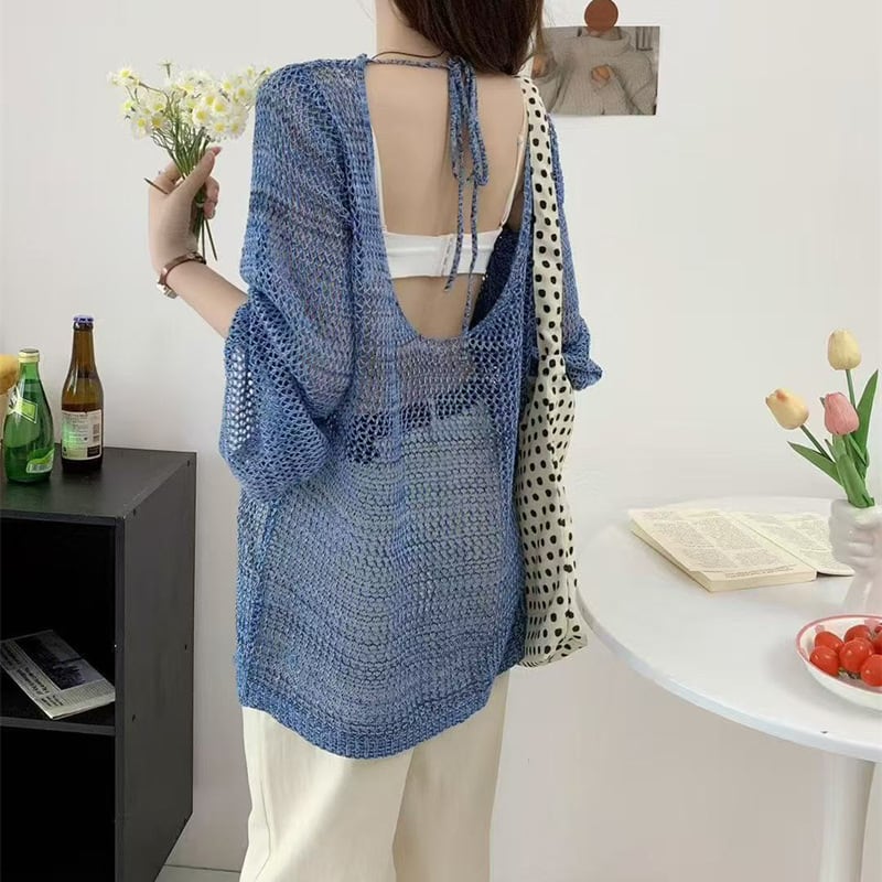 【tops】透け感オープンバックニットトップス Q8237