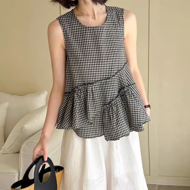 ギンガムフリルコットントップス　0153