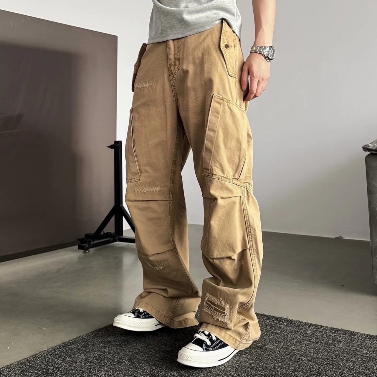 ダメージライクウォッシュドルーズシルエットカーゴパンツ 1col   A00159