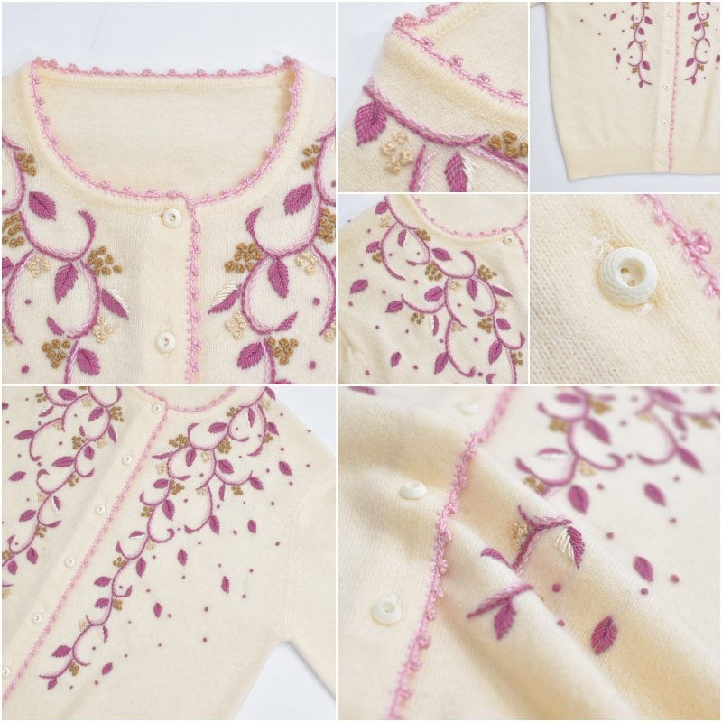 60～70s Embroidery designボタニカル フラワー刺繍 デザイン クロシェトリム ウールニットカーディガン アイボリー ピンク ヴィンテージ ビンテージ 古着 レディースXS相当 60～70s Embroidery designボタニカル フラワー刺繍 デザイン クロシェ