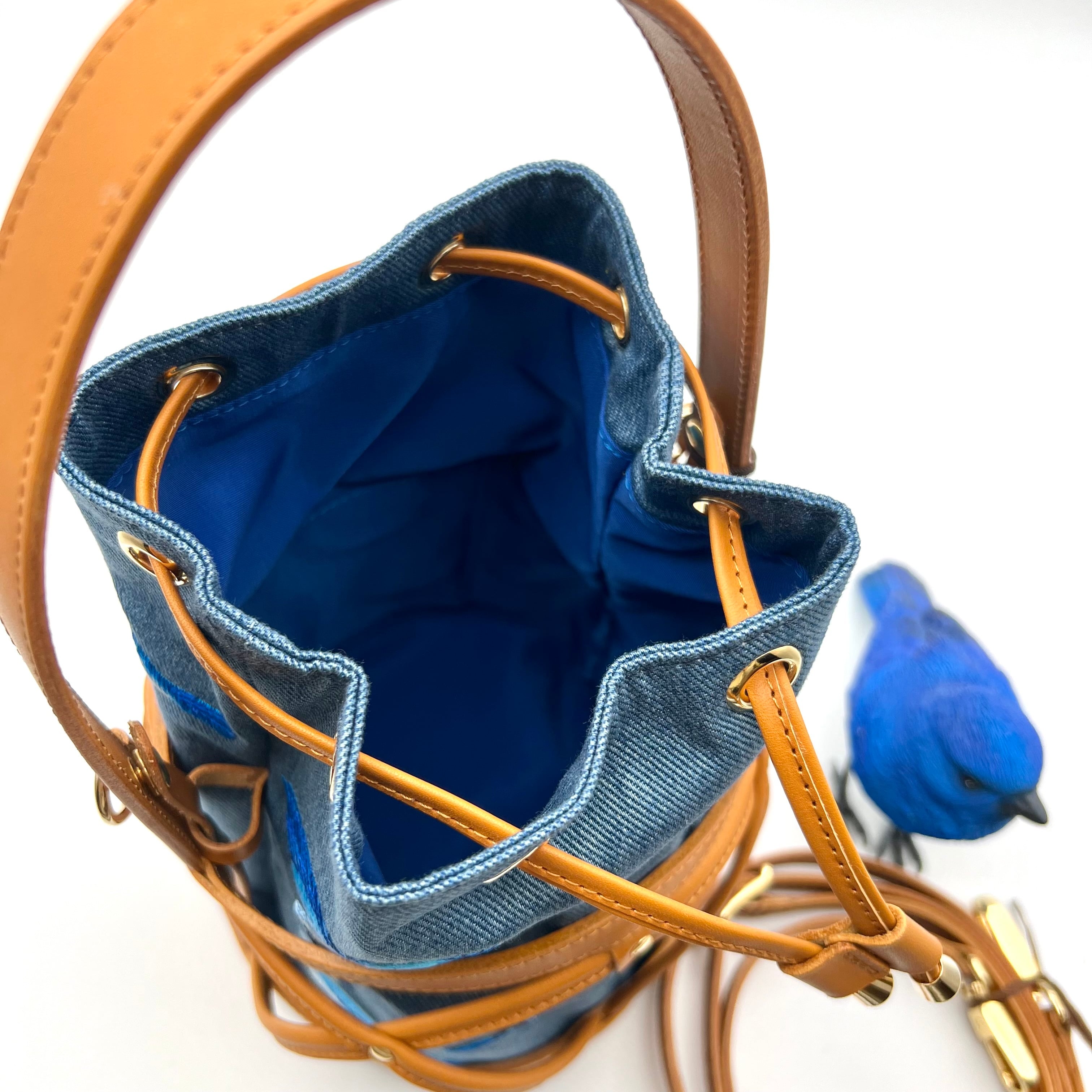 TORICAGO_青い鳥◇デニム×キャメル◇金具ゴールド】鳥籠モチーフ