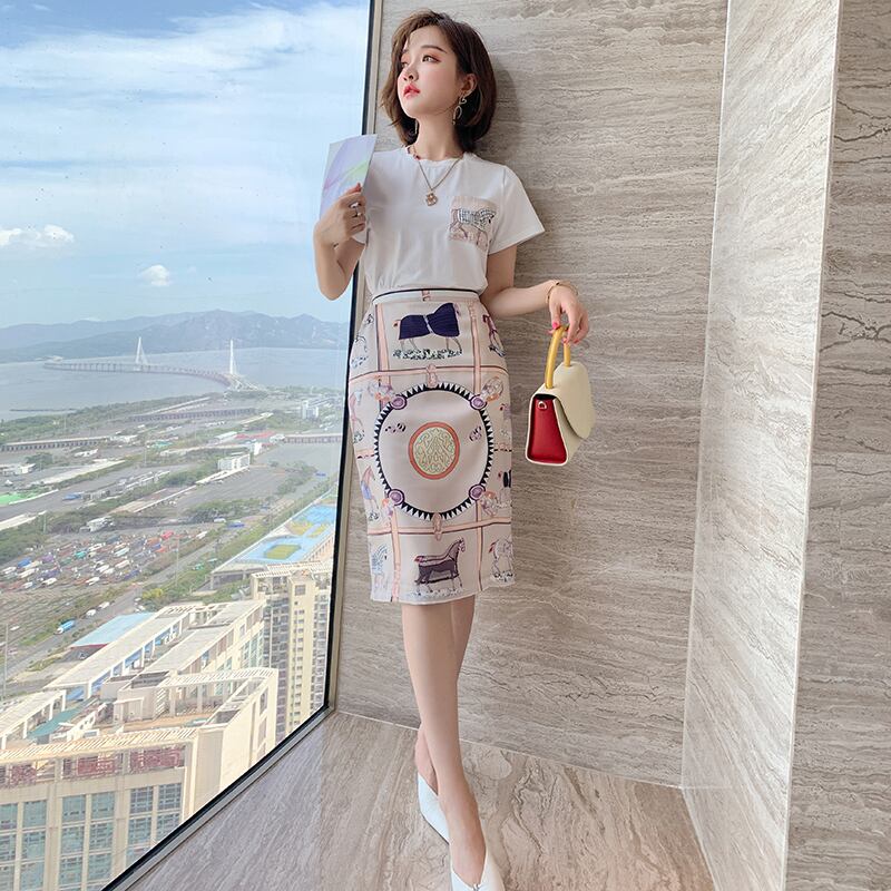 プリントポケットラウンドネックTシャツ ハイウェストウェストスカート サマー 夏物 Oネック MIUCO57522429947