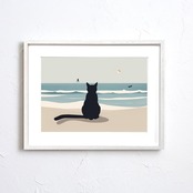海を眺める黒猫｜穏やかな海辺に佇む可愛いシルエットアート｜静けさと物語を添える癒しの一枚｜｜A3ポスター
