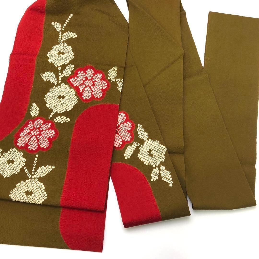 名古屋帯 絞り柄 鹿の子に花柄模様 縮緬 路考茶色 O-3378 | リユース  