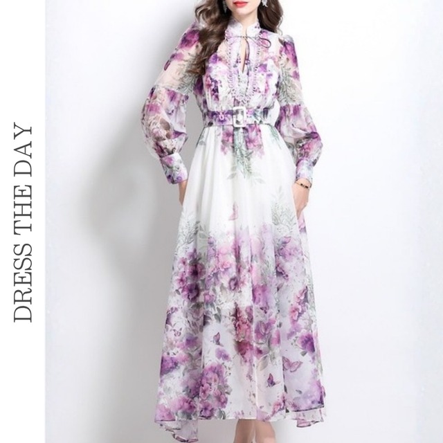 バルーンスリーブベルトフラワードレス2色展開 D0005