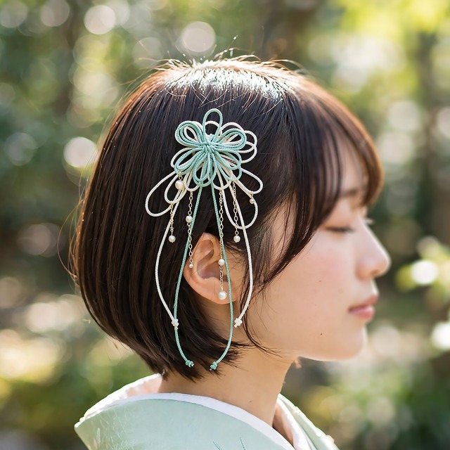 飾り結びヘアコーム（小）「瑞、其レハ」（淡緑×アイボリー）【軽量で簡単和装ヘア】浴衣・着物・七五三や成人式に。