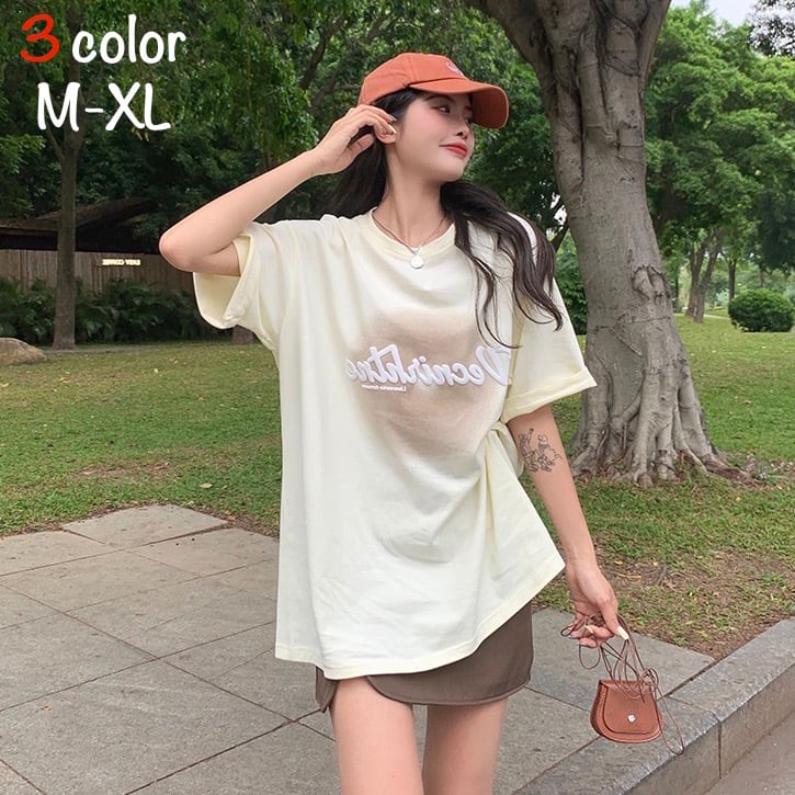 Tシャツ 半袖Tシャツ トップス レディース 半袖 ラウンドネック プルオーバー 文字 プリント ルーズ レトロ カジュアル きれいめ 可愛い お洒落 普段使い 日常使い 普段着 お出かけ デート 女子会 休日 夏 アプリコット ピンク ブルー 青 M L XL 10代 20代 30代 大人 大人可愛い コーデ コーディネート 韓国 ファッション オルチャン お取り寄せ 送料無料 hll-1218