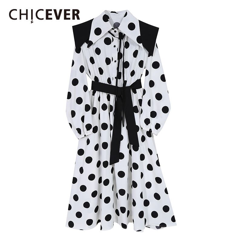 CHICEVERドレスレディースセーラーカラー長袖ウエストレースアップドットヒットカラー特大ドレス2020服 ロング 6base576522008535