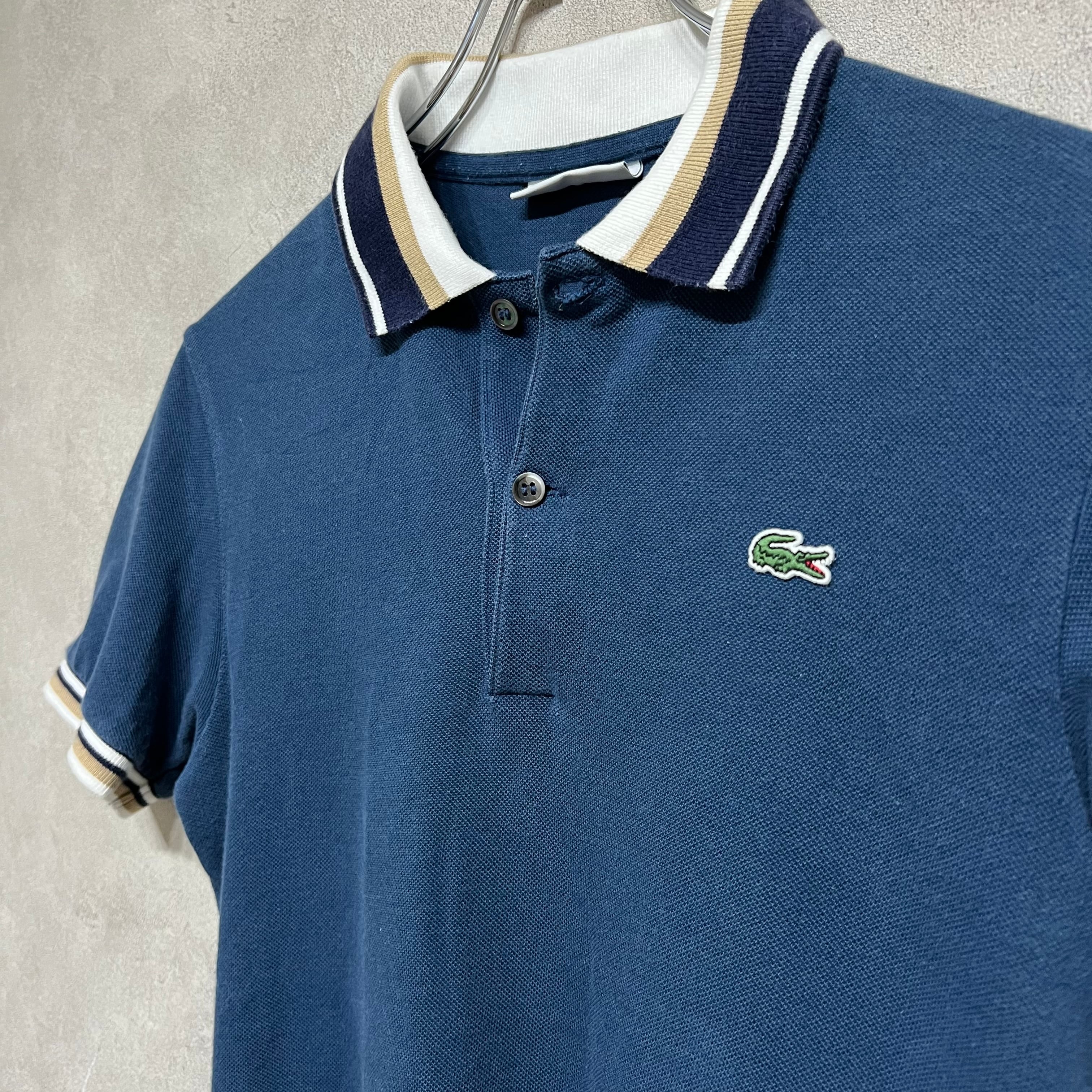 LACOSTE ストライプリブポロシャツ 半袖 ネイビー コットン ラコステ