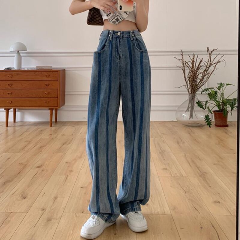 ストライプハイウェストジーンズ サマー薄手ルーズパンツ 夏物 スーパーモール66444901650