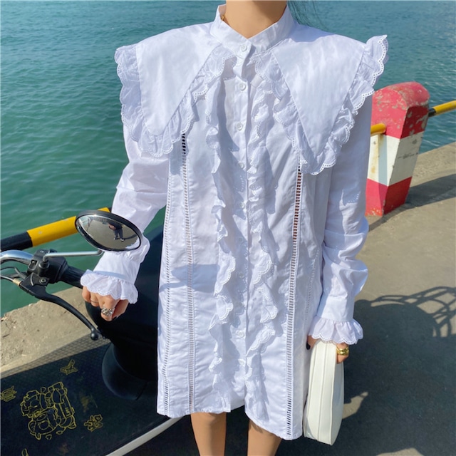 frill detail long sleeve shirt one-piece dress J00074