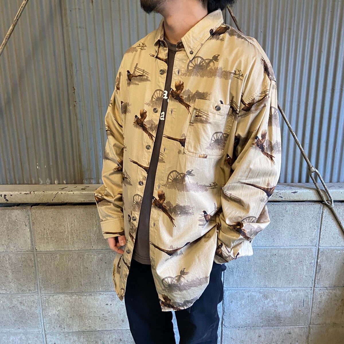 00年代 Columbia コロンビア キジ 鳥 総柄 長袖コットンシャツ メンズL