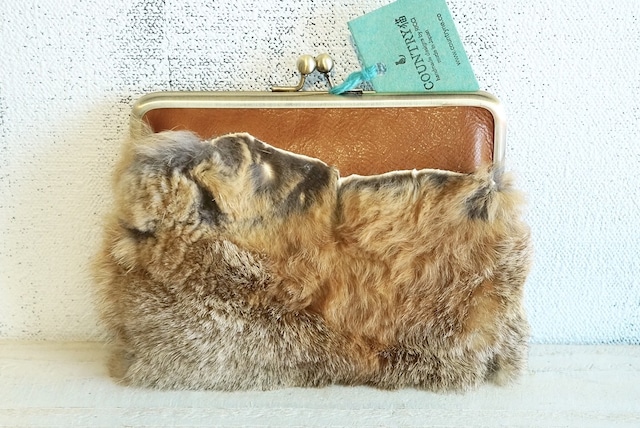 ★再販 leather X rabbit fur gamaguchi clutch bag handmade ● 手作り牛革ラビットがま口クラッチバッグポーチハンドメイド