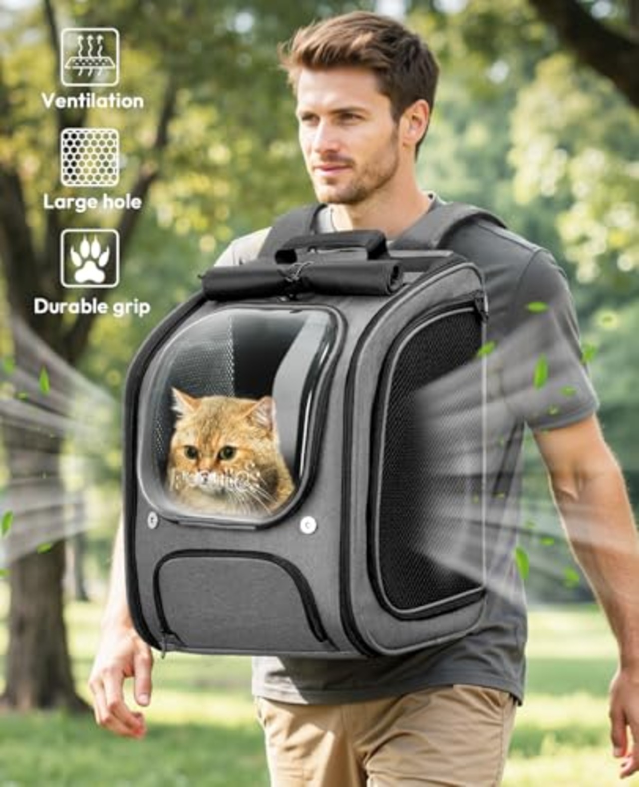 Pecute ペットバックパック バブル リュック 犬 猫 キャリー リュック 透明な窓 通気性 猫キャリーバッグ 猫 小中型犬用 バッグ 折り畳み 旅行 通院 防災 避難用 ペットキャリー グレー