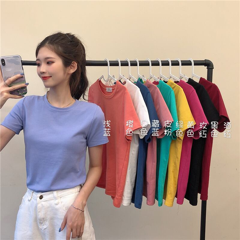 シャツ サマーソリッド カラーベーシックラウンドネックプルオーバー Tシャツ 薄手トップス 夏物 Oネック ソリッドカラー 萌量不足9281073262