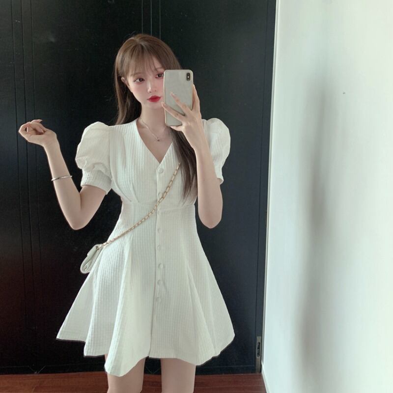 スリーブVネックスカート サマースリムウェストショートホワイトドレス 夏物 ブラックストロベリース62583663285