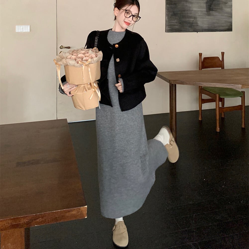 set】ショートコート×ニットワンピースセット M27378 | nanastyle