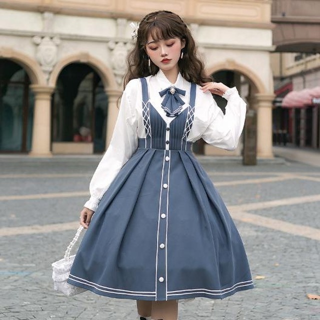 【即納Ｍ】量産型クラロリ スクール風 ジャンパースカート ネイビー×白 Vネック レトロ クラシック