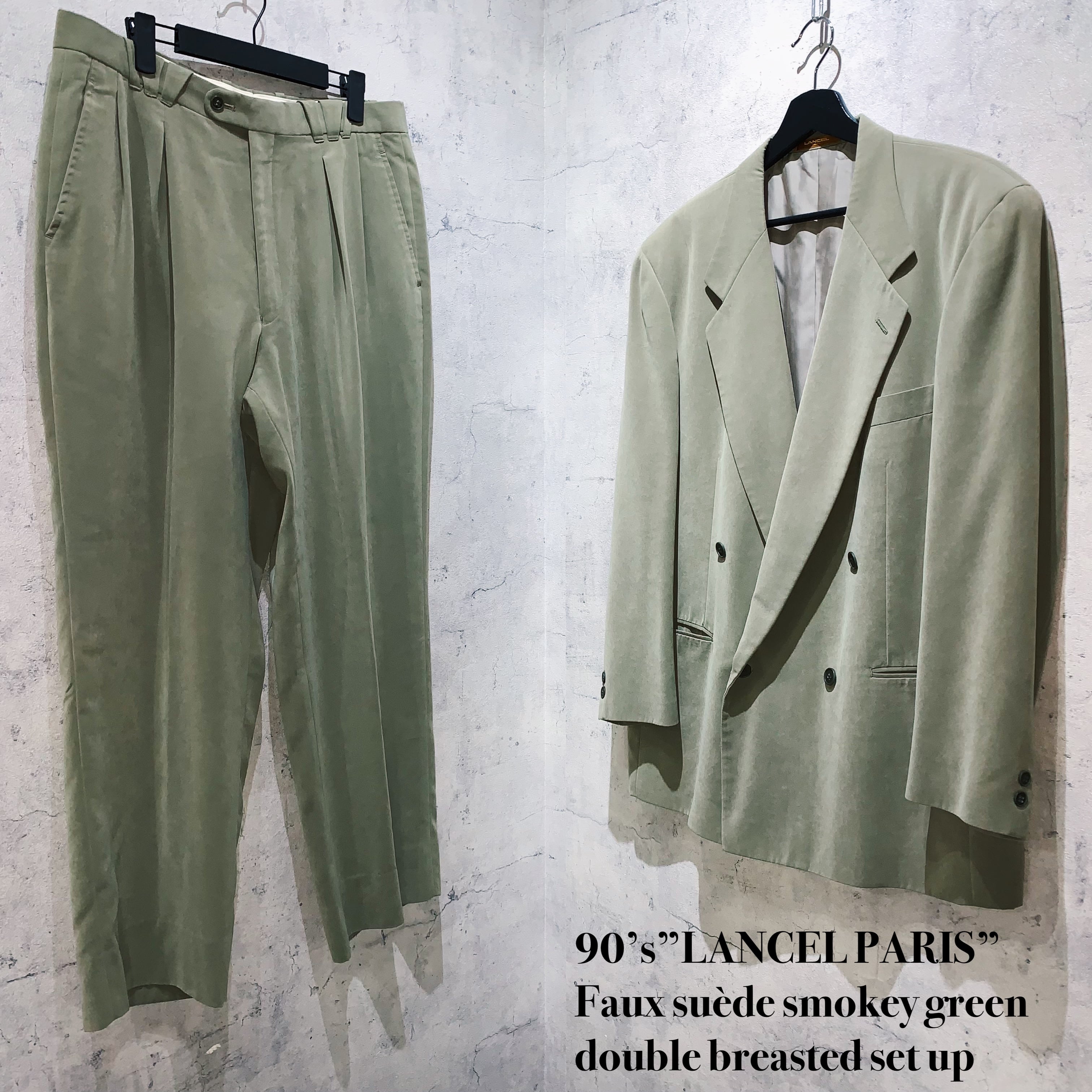 90's”LANCEL PARIS”Faux suède smokey green double breasted set up