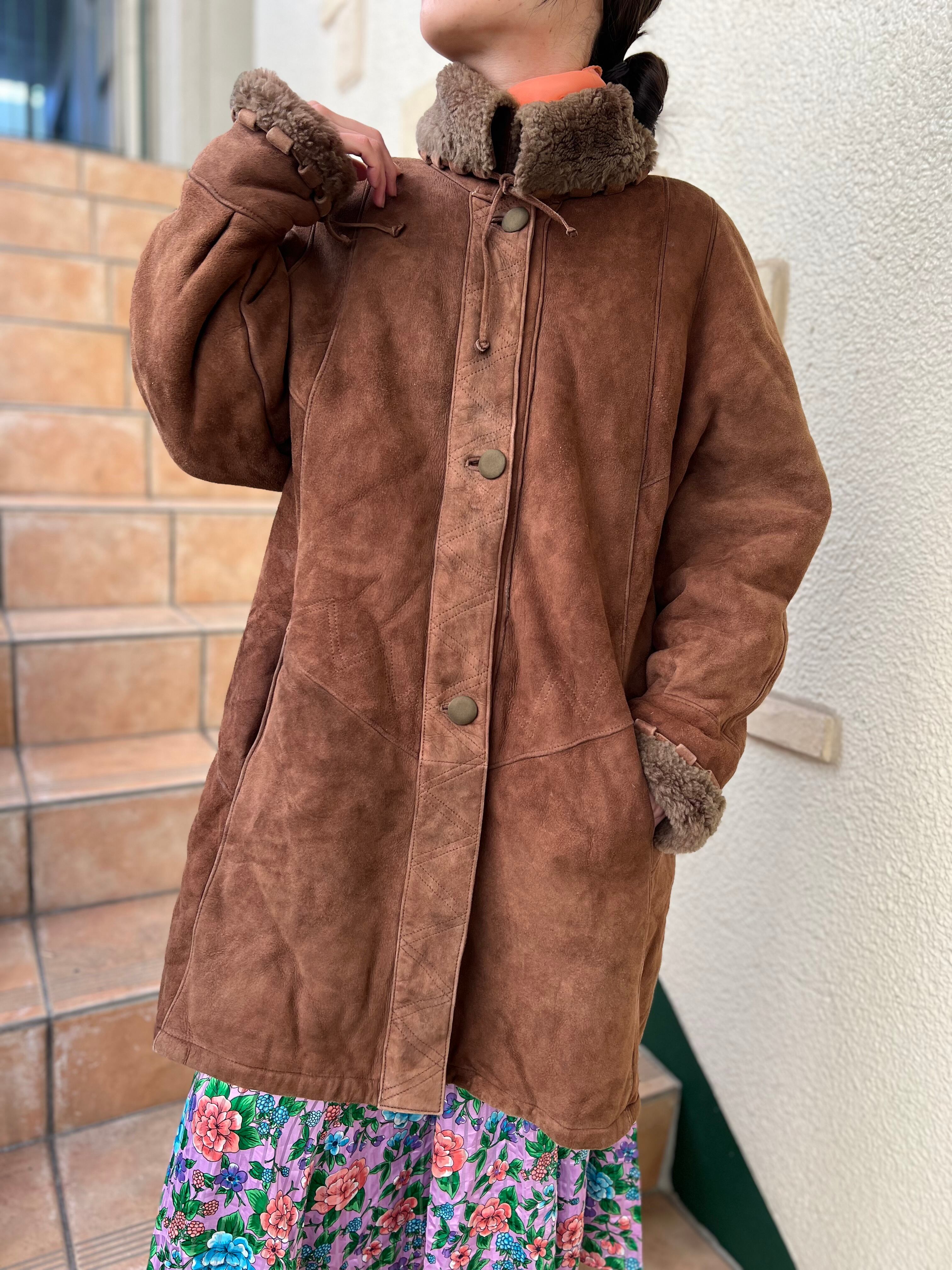 Vintage chocolate brown × ash khaki mouton coat ( ヴィンテージ チョコレート ブラウン × アッシュカーキ ムートン コート )