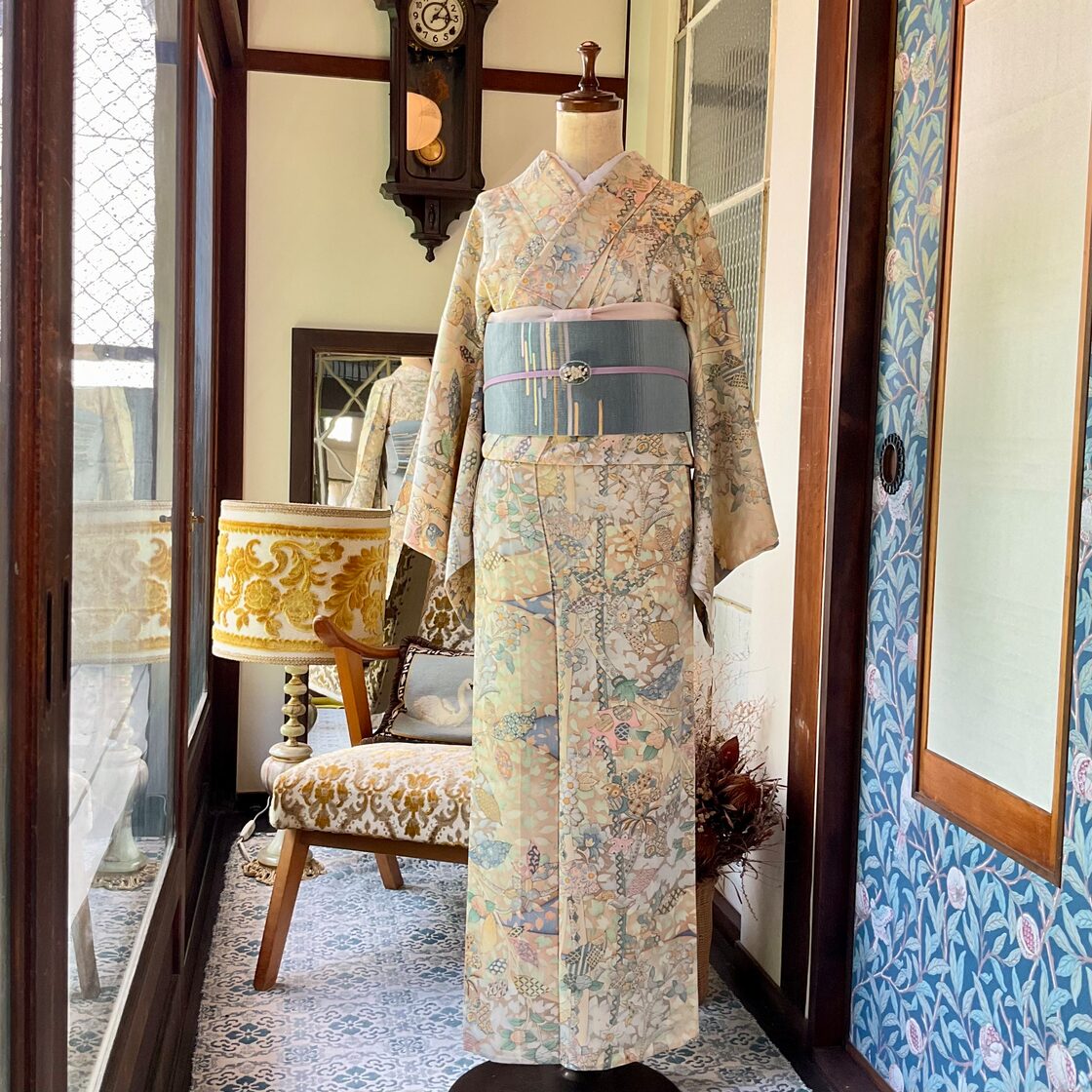訪問着 淡いグリーン 牡丹 菖蒲 流水文様 貴女の寸法で。単衣仕立て。 単