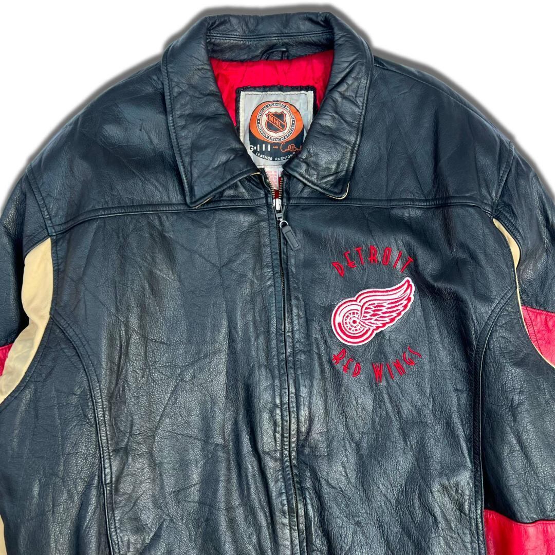 90s GⅢ NFL レザージャケット XL ブラック デトロイト・レッドウィングス Detroit Red Wings オールレザースタジャン 刺繍  ストリート系古着 STARTER スターター NIKE ナイキ