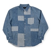 美品 PAPAS PLUS パパス プラス パッチワーク ストライプ シャンブレー BD 長袖シャツ サイズ LL /ブルー系/メンズ/日本製