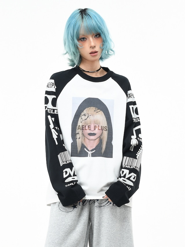 【OV EuroV】フォトグラフィックプリント × バイカラーラグランスリーブ長袖Tシャツ