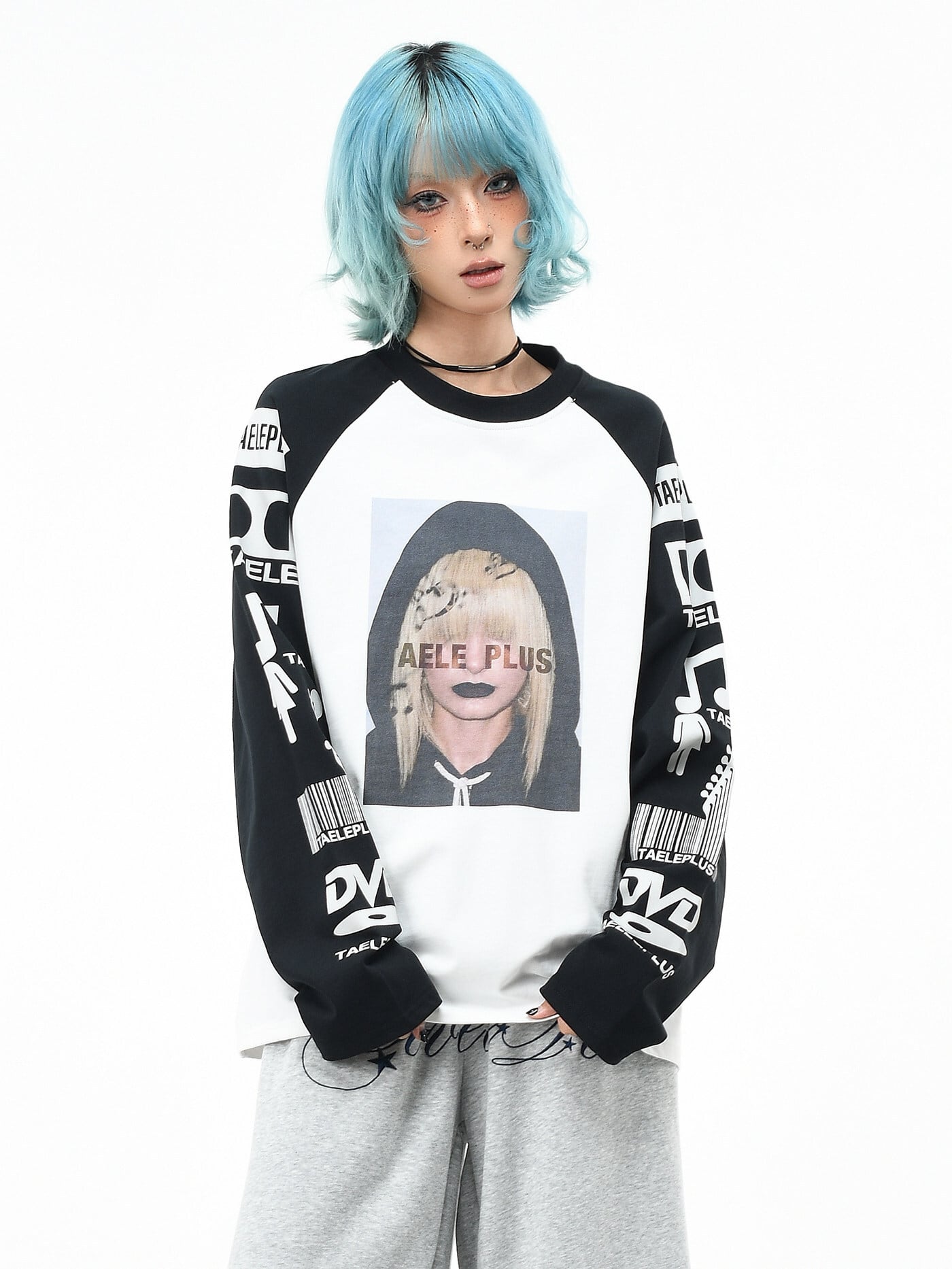 【OV EuroV】フォトグラフィックプリント × バイカラーラグランスリーブ長袖Tシャツ