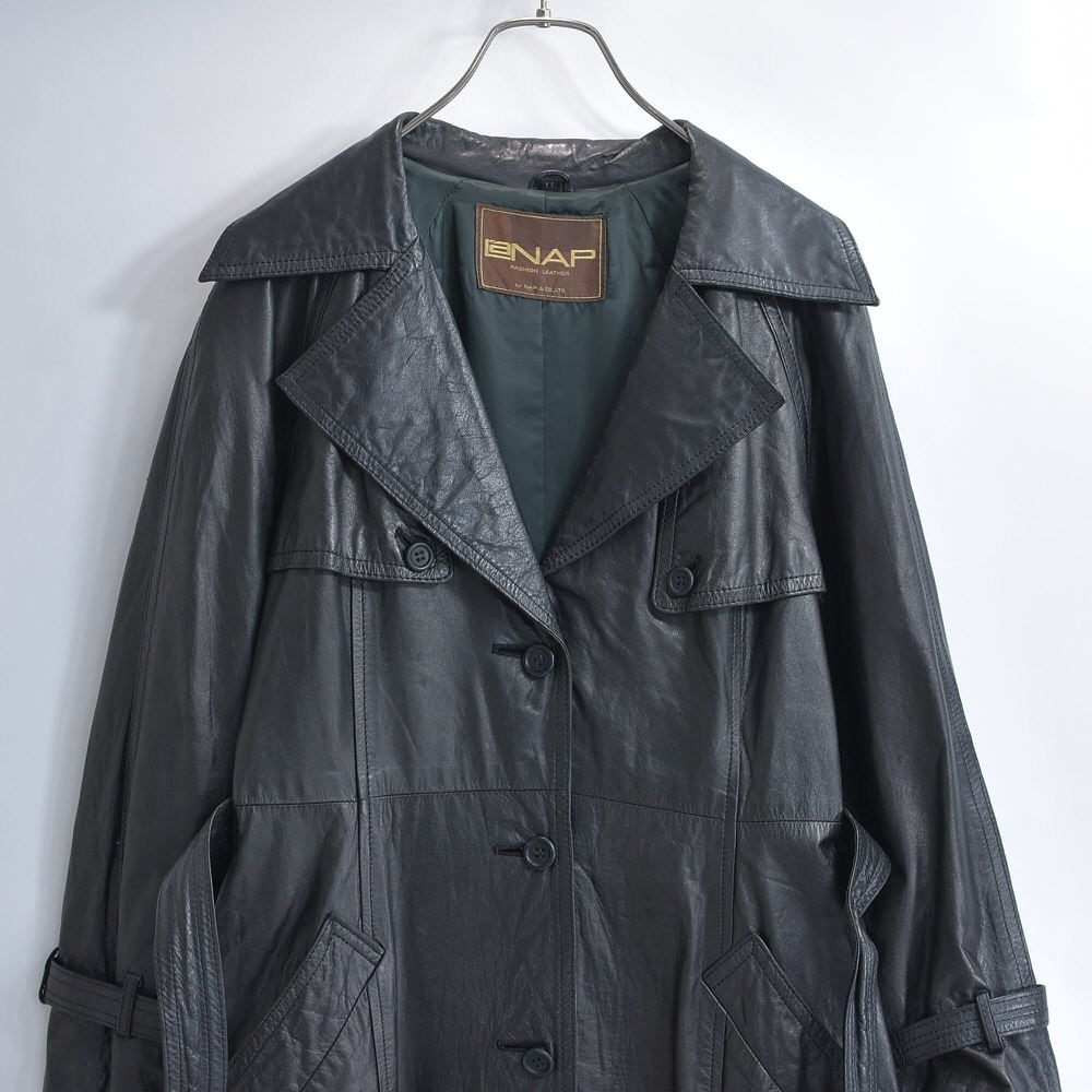 70s-80s LaNAP ラナップ 本革 ワイドカラー ダブルブレスト レザー トレンチコート ブラック ジャパンヴィンテージ ビンテージ 古着 レディースS相当