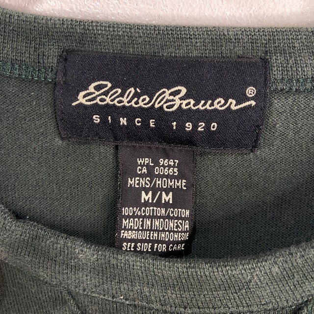 『送料無料』90s EddieBauer 長袖Tシャツ グリーン M 前V 黒タグ