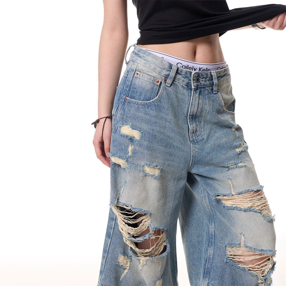 【送料無料】 デニムパンツ ダメージ加工 レディース デニム ワイド ジーンズ 韓国 ストリート アメカジ ヴィンテージ 柔らかい レトロ ウォッシュ加工 春夏 Aライン ゆったり 大人可愛い 大人女子
